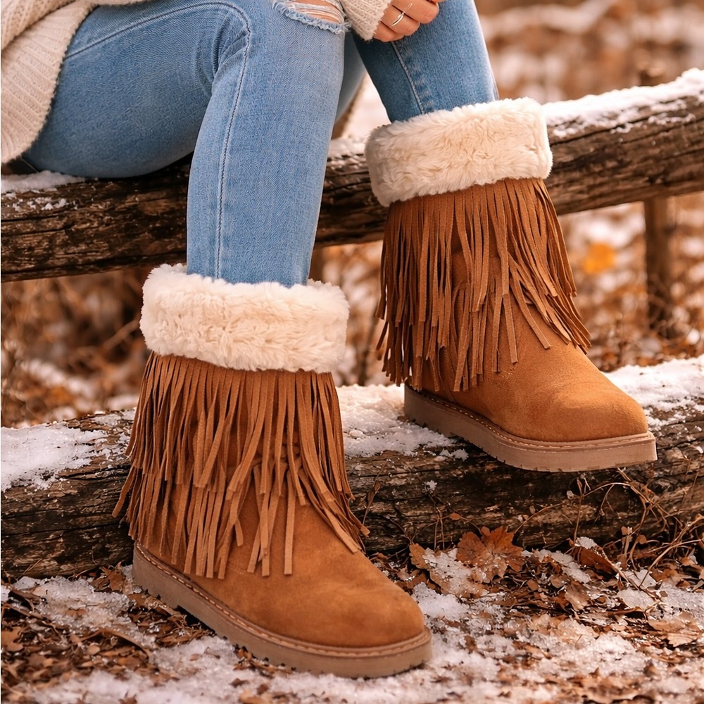 Madden Girl Brown Fringe Boots with White Fur l Size 9